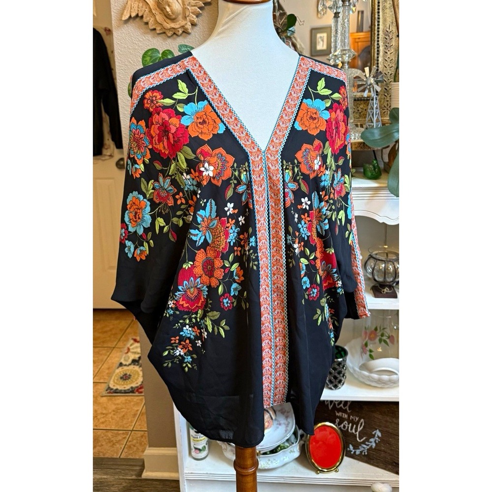 Rose + Olive Blouse Womens L Black Floral Boho Kimono Dolman Sleeve V Neck Top